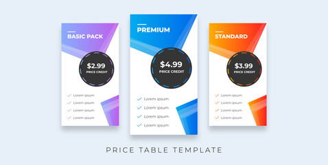 Fototapeta premium price table modern design price list subscription plans of Ui web element design. Price chat product plan or infographic design template Comparison plan chart colorful design presentation
