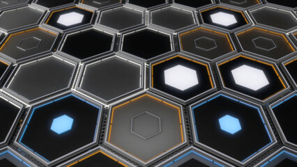 Abstract hexagons of different colors in rows, seamless loop. Animation. Close up of flat metal geometrical figures with colorful light lamps inside.