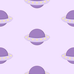 Pattern with cartoon UFO aliens. Flying saucers in space. Vector pattern.