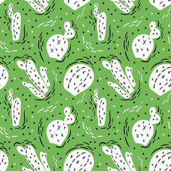 Bright cacti with brush stripes and dots on a green background. Hand drawn Seamless vector pattern in doodle style. Colorful illustration with desert plants for fabric, textile or covers