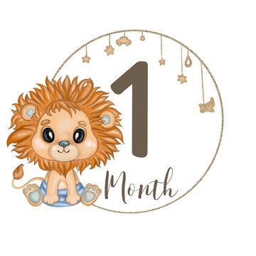 Baby Boy Lion 1 Month Milestone. Hand Drawn Watercolor Baby Leo With 1 Month Lettering. Isolated On White Background. Cute Baby Monthly Growth Illustration. Nursery Frame Art. Motherhood, Baby Theme.