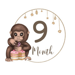 Cute baby girl affe. Hand drawn watercolor monkey with cake. Baby milestone. Monthly growth card. Isolated on white background. Design for baby growth, nursery room decor, baby shower.