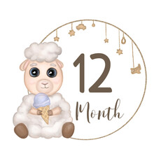 Cute sheep. Hand drawn watercolor baby boy sheep with ice cream. Baby milestone. Monthly growth card. Isolated on white background. Design for baby growth, nursery room decor, baby shower.