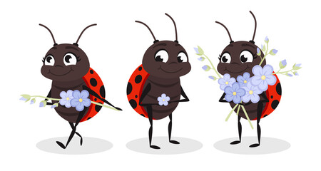 Vector illustration of cute and beautiful ladybugs on white background. Charming characters in different poses walk with flowers, standing happy with a bouquet of flowers in cartoon style.