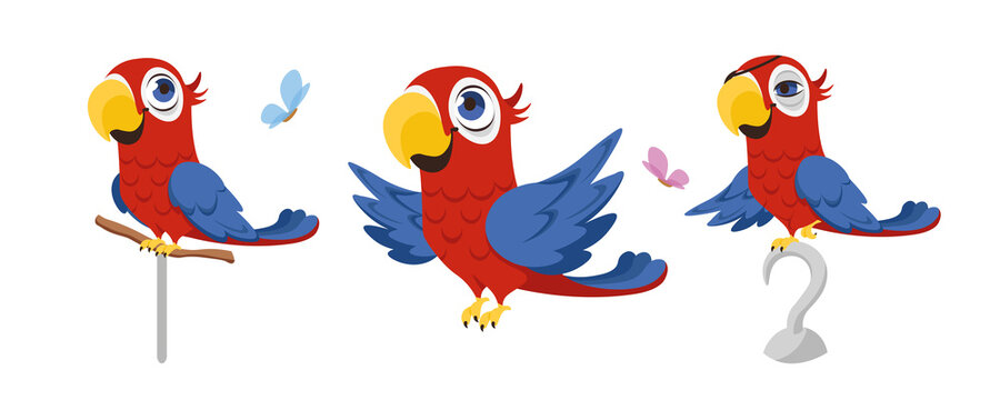 Vector illustration of cute and beautiful parrots on white background. Charming characters in different poses sit on a perch, fly, sit on a pirate hook and an eye patch in cartoon style.