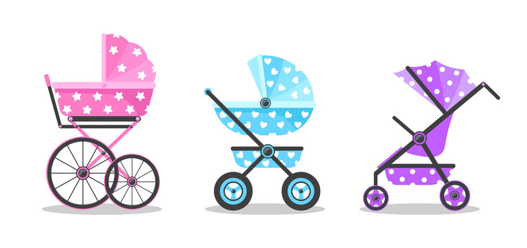 Set of colorful baby strollers in cartoon style. Vector illustration of strollers for girls and boys on white background.