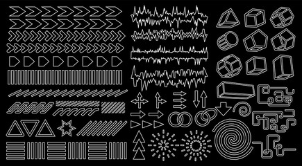 Collection of brutalism simple geometric form elements. A set of different acid base shapes and textures for templates. Modern memphis style. Digital retro rave background. Vector editable stroke