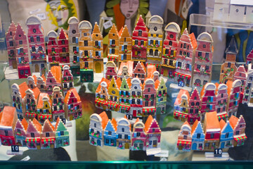 Magnets - souvenirs from Brussels on a showcase	
