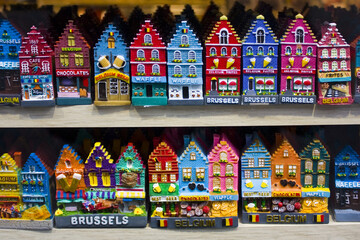Magnets - souvenirs from Brussels on a showcase