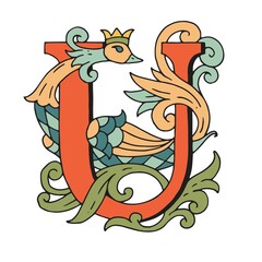 Letters U Drop Caps. Vector hand-drawing color letter. Fabulous ornament