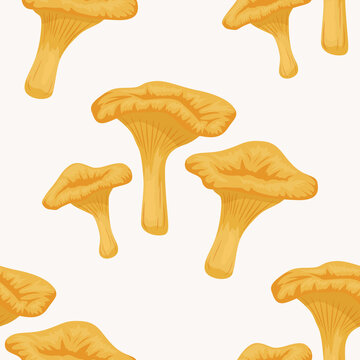 Vector Seamless Pattern with Chanterelle Mushroom on White. Seamless Texture, Hand Drawn Cartoon Chanterelle Mushrooms. Design Template for Textile, Wallpaper, Print. Cantharellus Cibarius