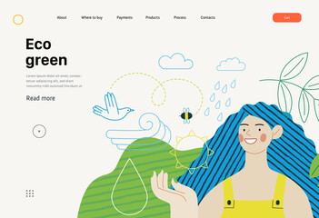 Ecology - Eco green -Modern flat vector concept illustration of a young woman surrounded by natural ecological symbols. Creative landing web page template