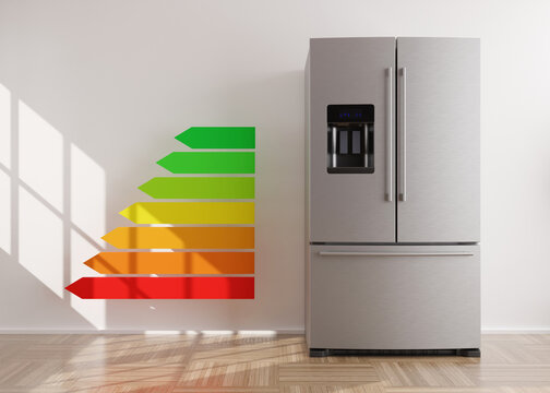Refrigerator and energy efficiency rating chart. Household electrical equipment. Modern kitchen appliance. Stainless steel fridge with double doors, freezer. Save energy. 3d rendering.