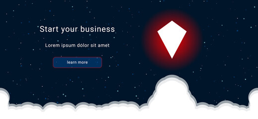 Business startup concept Landing page screen. The kite symbol on the right is highlighted in bright red. Vector illustration on dark blue background with stars and curly clouds from below