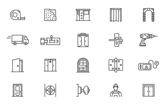 Vector House Door Knob Line Icon Set. Front Entrance Door Handle Illustration Repair Door Icon.