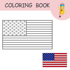 Coloring book with cartoon American flag. Color the Flag USA use to sample. National symbol for Independence, Memorial, President's day. Template of practice worksheet with Flag of the United States.