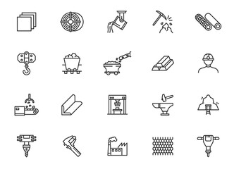 Metallurgy aluminium furnace line icon set. Metallurgy factory industry vector iron equipment pictogram.