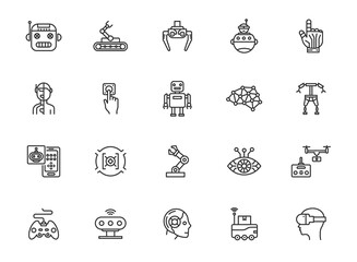 Fototapeta premium Robot line icon. Automate bot vector artificial technology. Chatbot process thin robot line icon future machine.