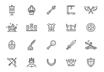 Medieval vector line icon set. Knight castle king battle throne icons, medieval crown sword symbol.