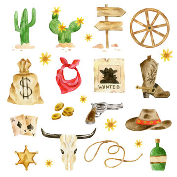 Set of Wild West elements - cow skull, coins, guns, wooden wheels, money bag, cowboy hat, cowboy boots, cactus, gun, bottle. Wild West watercolor illustration.