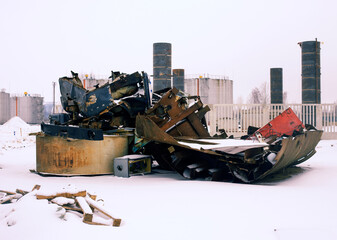 rusty car parts piled up for recycling