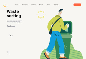 Ecology - Waste sorting -Modern flat vector concept illustration of a young man putting a glass bottle into the garbage container for glass waste. Creative landing web page template