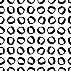 Small black ink contour linear circles isolated on white background. Monochrome geometric seamless pattern. Vector simple flat graphic hand drawn illustration. Texture.