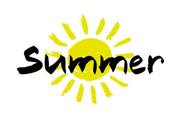 Ink yellow sun and black word Summer. Color silhouette. Horizontal front view. Vector simple flat graphic hand drawn illustration. Isolated object on a white background. Isolate. Texture.