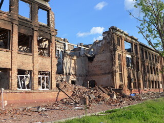Mariupol, Ukraine. Ruins of the School. This building survived in the WWII, but destroyed by...