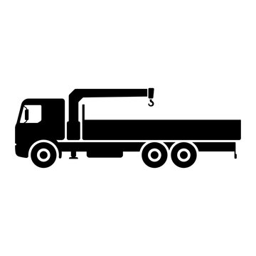 Truck crane manipulator icon. Black silhouette. Side view. Vector simple flat graphic illustration. Isolated object on a white background. Isolate.