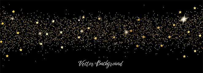Sparkling falling gold dust with gold star on black background. Vector horizontal background with glitter and space for text	