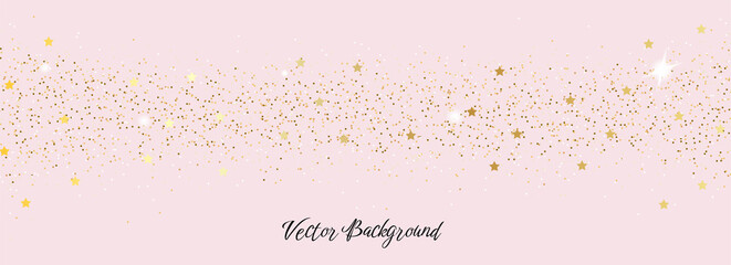 Sparkling falling gold dust with gold star on pink background. Vector horizontal background with glitter and space for text	