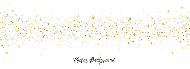 Sparkling falling gold dust with gold stars on white background. Vector horizontal background with glitter and space for text	
