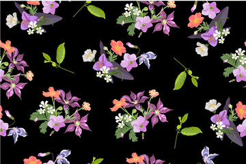Bright floral pattern from different flowers in bouquets on a black background - vector seamless illustration