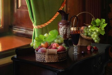 Still life with wine and fruits