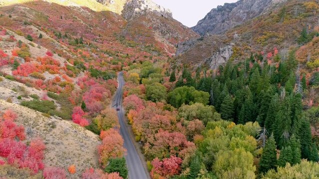 Car driving on scenic drive through canyon during the Fall  moving towards the mountains in Utah.