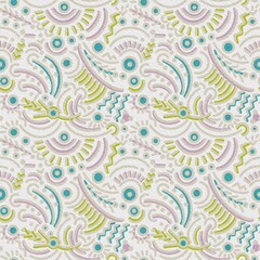 Seamless geometric floral pattern. Green, blue, purple, grey. Beige textured background. Circles, lines, dots. Illustration. Design for textile fabrics, wrapping paper, background, wallpaper, cover.