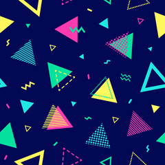 Geometric memphis seamless pattern in style of the 80s- 90s. Triangular shapes on dark blue background. Trendy design for wallpaper, fabric, paper, textile, poster, banner, invitation, card, cover. 