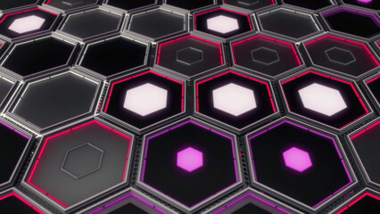 Abstract hexagons of different colors in rows, seamless loop. Animation. Close up of flat metal geometrical figures with colorful light lamps inside.