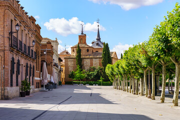 Monuments of the Plaza de Alcala de Henaresa, a world heritage site in Madrid. - obrazy, fototapety, plakaty