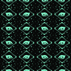 Hand draw seamless pattern of the All seeing eye, stars, rhombuses background. Religion philosophy, spirituality, occultism,chemistry, science, magic.