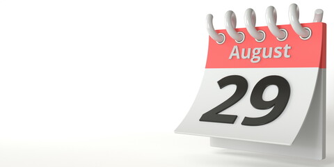 August 29 date on a tear-off calendar, conceptual 3d rendering