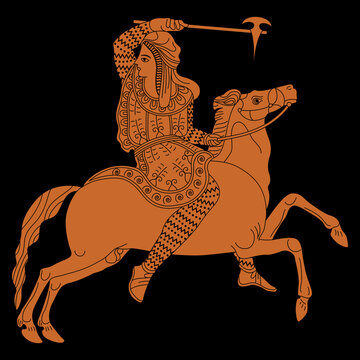 Scythian amazon woman riding a horse and holding a battle ax. Ancient Greek vase painting style. Black and orange silhouette.