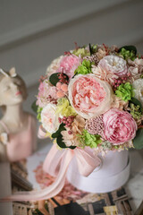 Beautiful summer flowers box of tender peonies, roses and hydrangea flowers. Preserved flowers for womens. Woman's day.