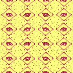 Hand draw seamless pattern of the All seeing eye, stars, rhombuses background. Religion philosophy, spirituality, occultism,chemistry, science, magic.