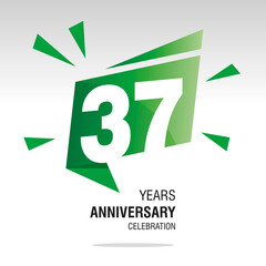 37 Years Anniversary celebration modern origami speech logo icon green white vector