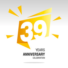 39 Years Anniversary celebration modern origami speech logo icon yellow white vector