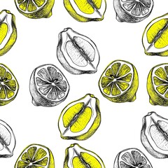 Lemon botanical vector seamless pattern. Outline lemons pieces. Vintage Citrus lemonade ornament.