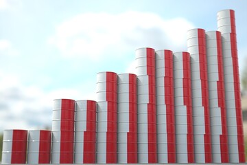 Steel oil drums with flag of Malta form increasing chart or upwards trend. Petrochemical industry growth concept, 3D rendering