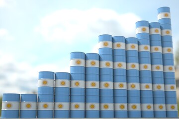 Steel oil drums with flag of Argentina form increasing chart or upwards trend. Petrochemical industry growth concept, 3D rendering